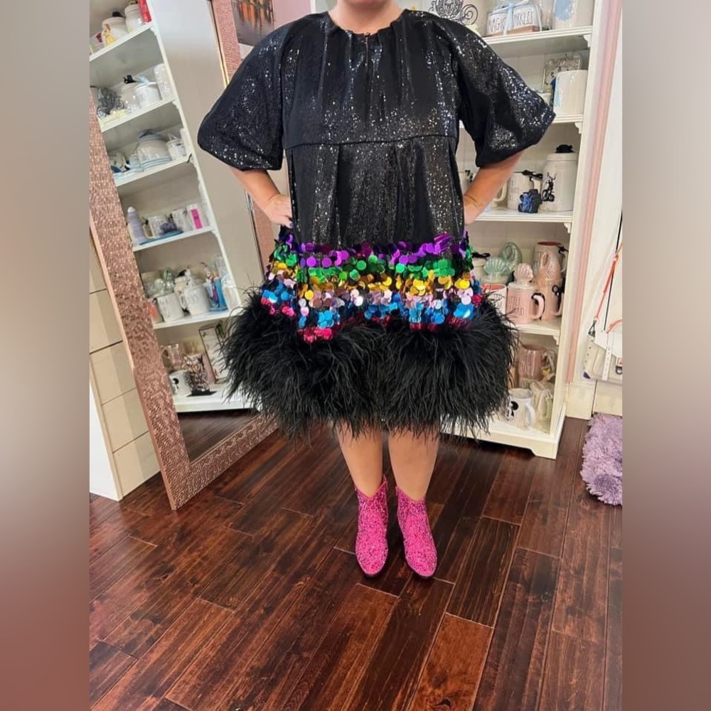 Queen of sparkles black sequin and feather rainbow dress